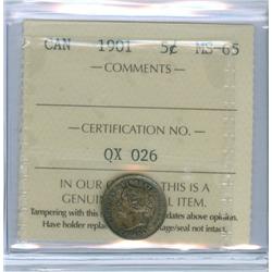 1901 5¢ ICCS MS65 PQ. Boldly detailed piece has full satin l