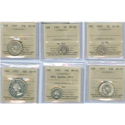 1902 5¢ AU50, 1907 EF40, 1953 10¢ NSF Dbl 1953 MS63, 1937 25