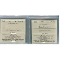 1902 & 1909 5¢. Lot of two coins, 1909 Round Leaves ICCS AU5