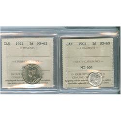 1902 & 1922 5¢. Lot of two coins both ICCS MS60 and MS62 res