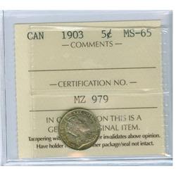 1903 5¢ ICCS MS65 PQ. Boldly detailed piece has full satin l