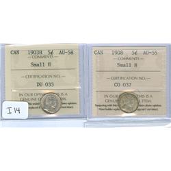 1903H 5¢ Sml H & 1908 Sml 8 .  Lot of two ICCS coins AU58 an