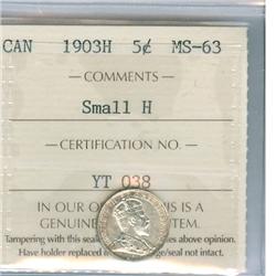 1903H 5¢ Sml H ICCS MS63.  Lustrous issue with light rim ton