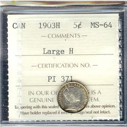 1903H Large "H"  5¢  ICCS MS64. Light gold tone around the r