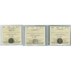 1904, 1907 AND 1908 Small 5¢.  Lot of 3 ICCS graded coins. A