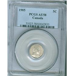 1905 5¢ PCGS AU58. Super example white in colour with nice l