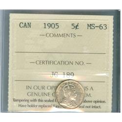 1905 5¢ ICCS MS63. Hint of golden tone.
