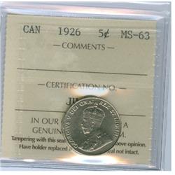 1926 5¢ Near 6 ICCS MS63.  Brilliant w/nice eye appeal.