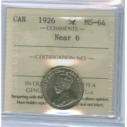 1926 5¢ Near ICCS MS64.  Brilliat and flashy. Scarce date in