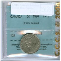 1926 Far 6 5¢ CCCS F-15; Scratch. Key date coin.