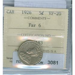 1926 5¢ Far 6. ICCS VF-20.