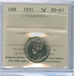 1931 5¢ ICCS MS63.  Well struck example.