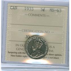 1933 5¢ ICCS MS63. Popular issue and tough to find in Mint c