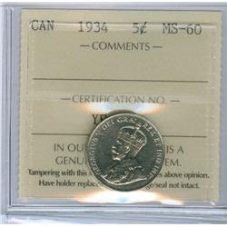 1934 5¢ ICCS MS60.  Difficult issue in any mintstate grade.