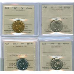 1937, 1943 Tombac, 1949, 1952 5¢.  Lot of 4 ICCS graded  coi