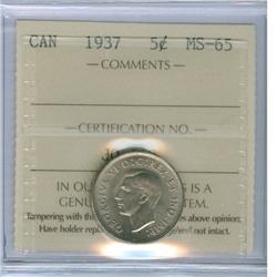 1937 Dot 5¢ ICCS MS65.  Superb issue.