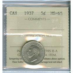 1937 Dot 5¢ ICCS MS65. Well struck but rather subdued exampl