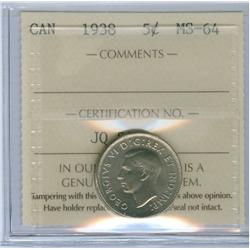1938 5¢ ICCS MS64.  Key issue in mint condition.