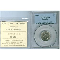 1938 5¢ PCGS/ICCS  MS64.  Difficult date to find in this hig