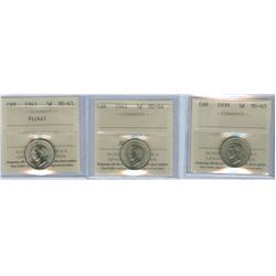 1939, 1941 & 1942 Nickel 5¢.  Lot of three coins all ICCS ce