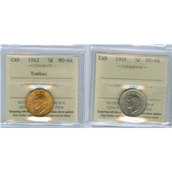 1939 and 1942 5¢.  Tombac Lot of 2 ICCS graded coins, both I