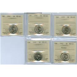 1939, 1940, 1941, 1942 Nickel, 1948 5¢.  Lot of 5 ICCS grade