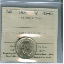1939 5¢ ICCS MS63. 