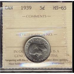 1939 5¢ ICCS MS65. Gem fields.