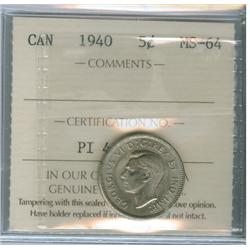 1940 5¢ ICCS MS64.  Full strike and attractive.