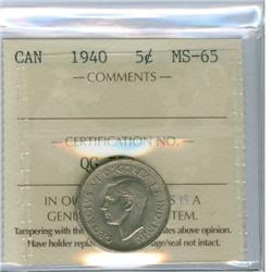 1940 5¢ ICCS MS65.  Gem issue.