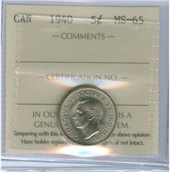 1940 5¢ ICCS MS65.  Gem issue with frostlike finish.