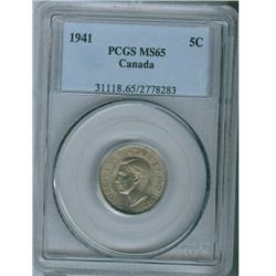 1941 5¢ PCGS MS65. Well struck with great luster.  Tough iss