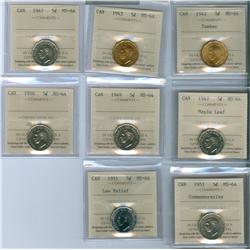 1942 - 1951 5¢.  Lot of 8 coins all ICCS MS64.  Lot includes