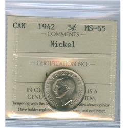 1942 5¢ Nickel ICCS MS65.  Lustrous.