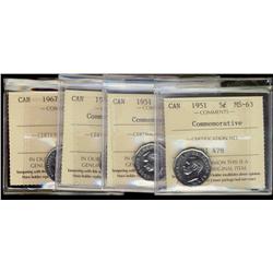 1951 Comm 5¢ MS63, MS65 (2) and 1967 MS64.  Lot of 4 coins a