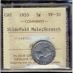 1953 5¢ SF Mule ICCS VF30.Designated with scratch.