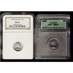 1955 5¢ ICG MS67 & 1957 10¢ NGC MS65.  Lot of 2 coins both w