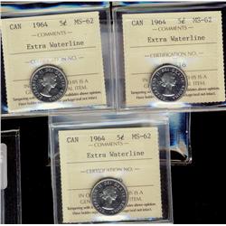 1964 5¢ EWL.  Lot of 3 ICCS MS62 coins.