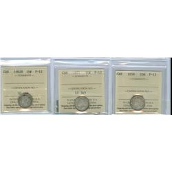 1858, 1871 and 1882H  Lot of 3 ICCS graded 10¢ coins, all F1