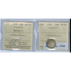 1858 10¢ ICCS VF-30; 1870, Narrow O. ICCS EF-45. Lot of two 
