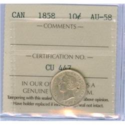 1858 10¢  ICCS AU58 Brilliant!