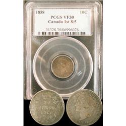 1858 10¢ 8/5  PCGS VF30  Lightly toned with lots of luster. 