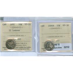 1890H 10¢ ICCS VF-30; 1891, 22 Leaves. ICCS VF-20. Lot of tw