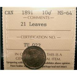 1891 10¢ 21 Lvs, ICCS MS64. Lightly toned.  Scarce.