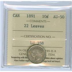 1891 22 Leaves 10¢ ICCS AU50  Attractive but light toning