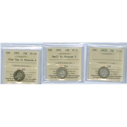 1892 Sm.9 Obv.5 VG8, 1893 Flat top Obv.6 VG10  Lot of 3 ICCS