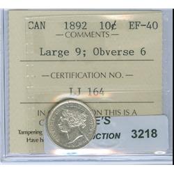 1892 10¢ Large 9 variety. 2/1. Obv. port. #6. ICCS EF-40. A 