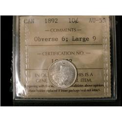1892 10¢ Large 9, 2/1 variety ICCS AU55.  Rare variety and u
