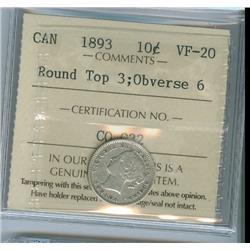 1893 10¢ Round Top Obv. 6 ICCS VF20.  Rare variety!