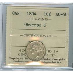 1894 Obv.6 10¢ ICCS AU50  Brilliant with lots of luster.  